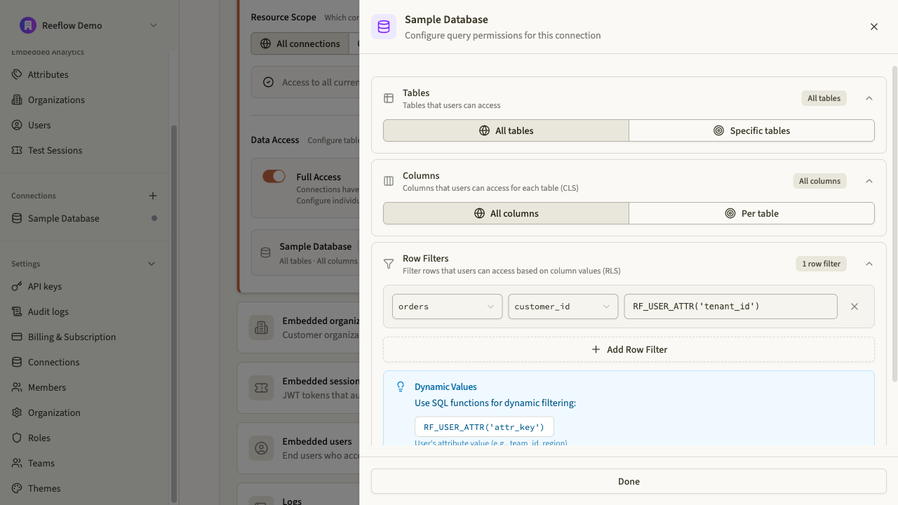 Row filter configuration showing table, column, and value fields