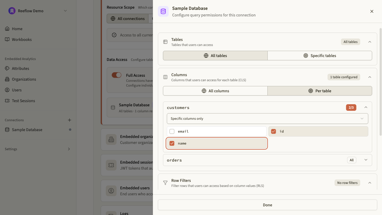 Configuring column permissions in the Console